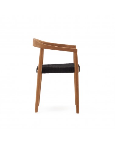 Ydalia stackable outdoor chair in solid teak wood with natural finish and black rope