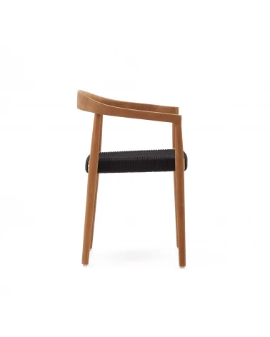 Ydalia stackable outdoor chair in solid teak wood with natural finish and black rope