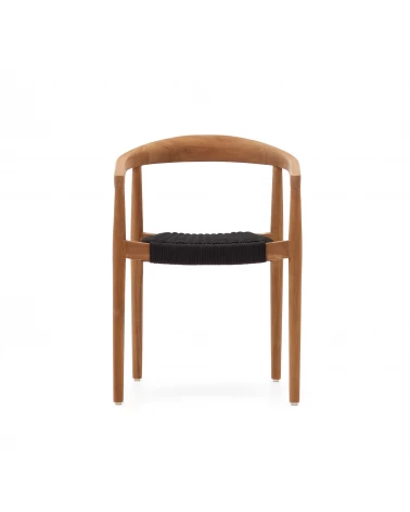 Ydalia stackable outdoor chair in solid teak wood with natural finish and black rope