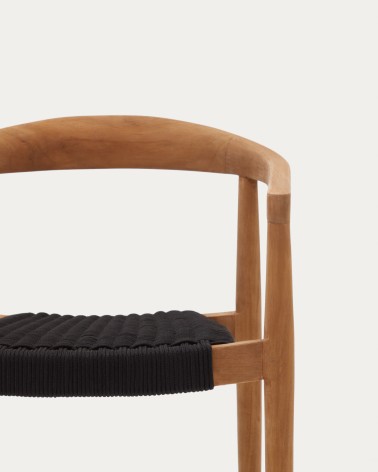 Ydalia stackable outdoor chair in solid teak wood with natural finish and black rope