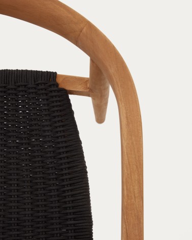 Ydalia stackable outdoor chair in solid teak wood with natural finish and black rope