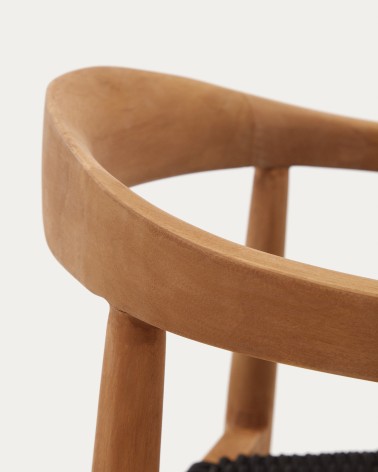 Ydalia stackable outdoor chair in solid teak wood with natural finish and black rope