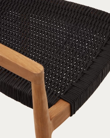 Ydalia stackable outdoor chair in solid teak wood with natural finish and black rope