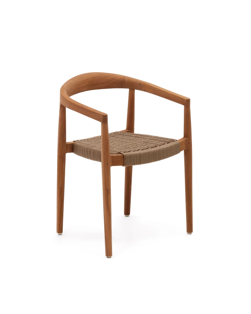 Ydalia stackable outdoor chair in solid teak wood with natural finish and beige rope