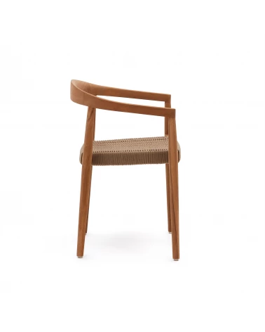 Ydalia stackable outdoor chair in solid teak wood with natural finish and beige rope