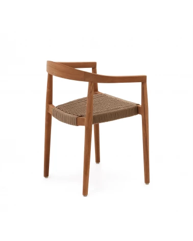 Ydalia stackable outdoor chair in solid teak wood with natural finish and beige rope