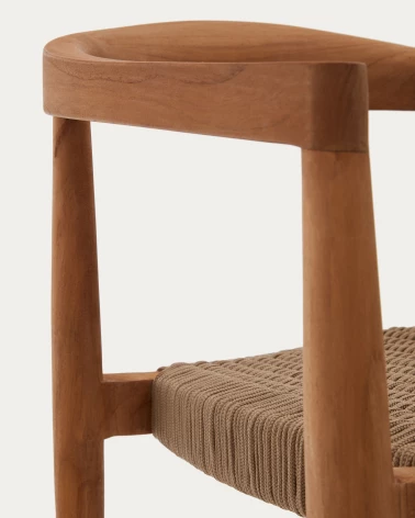 Ydalia stackable outdoor chair in solid teak wood with natural finish and beige rope