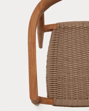 Ydalia stackable outdoor chair in solid teak wood with natural finish and beige rope