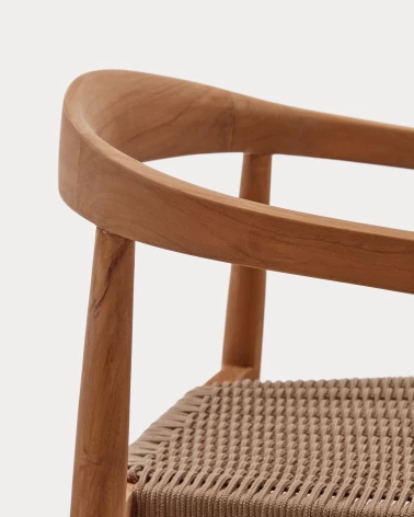 Ydalia stackable outdoor chair in solid teak wood with natural finish and beige rope