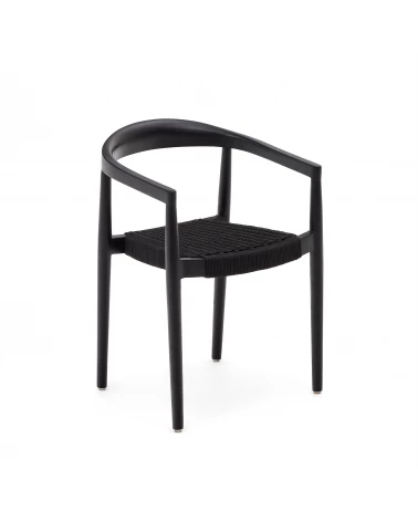 Ydalia stackable outdoor chair in solid teak wood with black finish and black rope