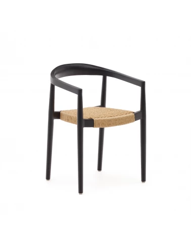 Ydalia stackable outdoor chair in solid teak wood with black finish and natural rope