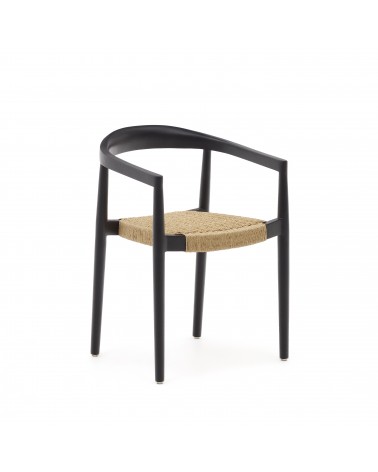 Ydalia stackable outdoor chair in solid teak wood with black finish and natural rope