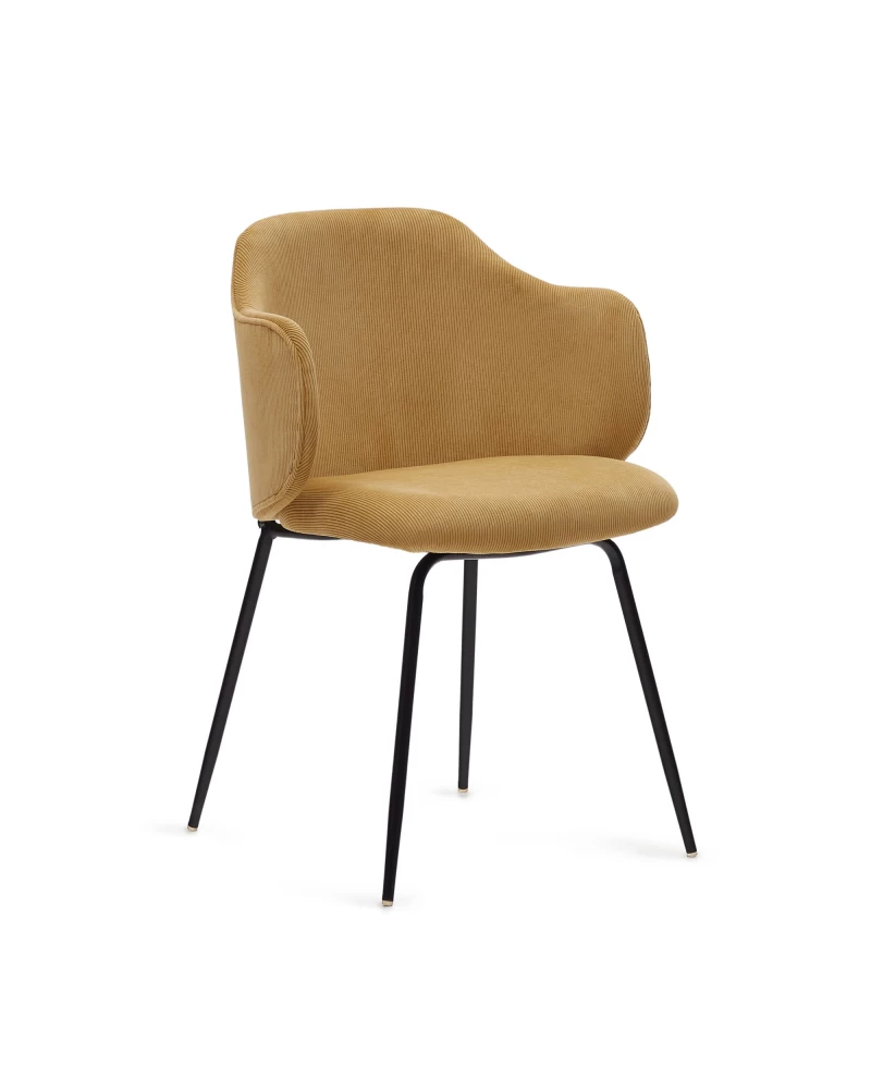 Yunia chair in mustard corduroy with steel legs in a painted black finish