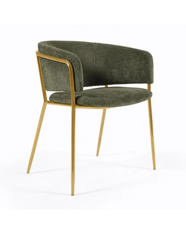 Runnie chair in dark green chenille with steel legs and gold finish