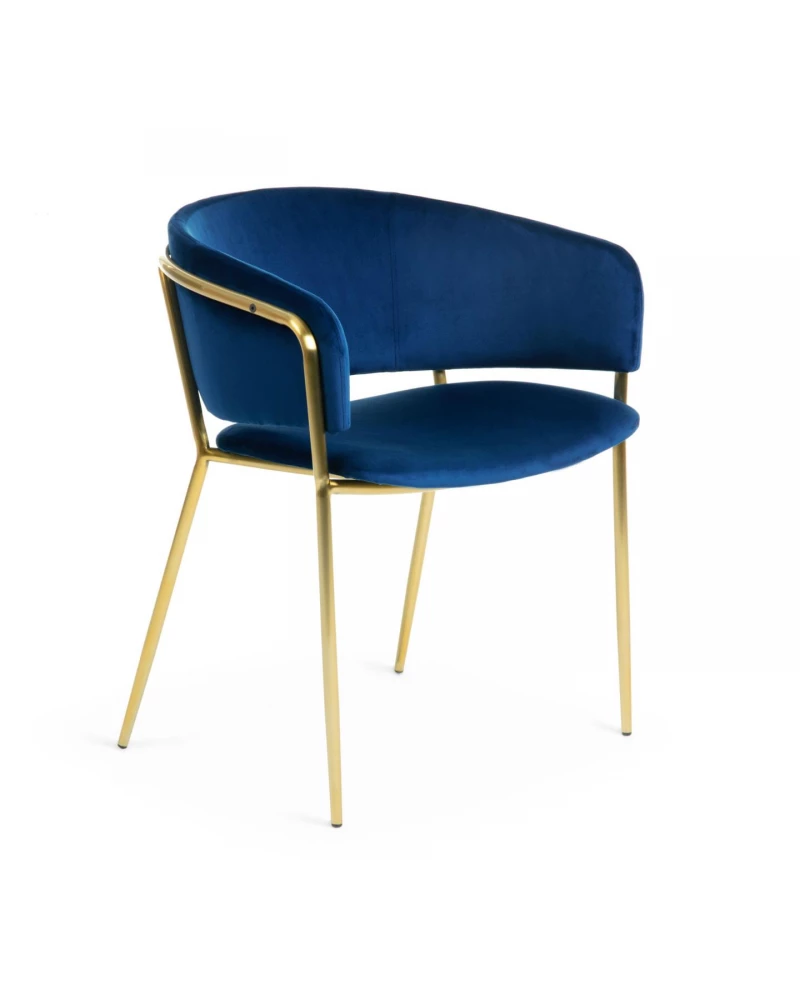 Runnie blue velvet chair with steel legs and gold finish-