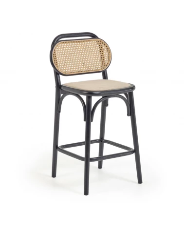 Doriane 65 cm height solid elm stool with black lacquer finish and upholstered seat