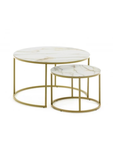 Set of 2 Leonor glass side tables in white and golden steel structure Ă 80 cm / Ă 50 cm