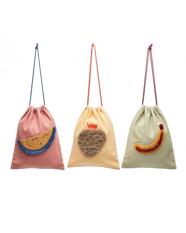 Amarantha set of 3 100% multicolour cotton afternoon snack bags with fruit prints