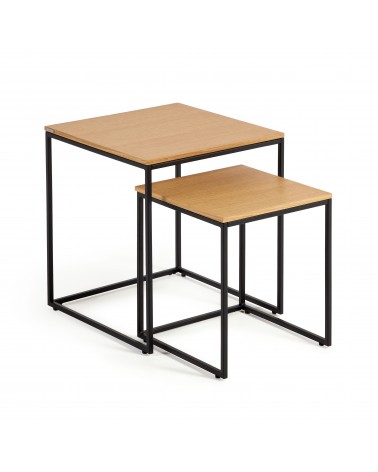 Yoana set of 2 nesting side tables with oak wood veneer and black painted metal structure