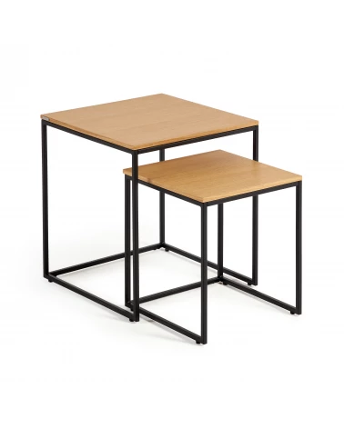 Yoana set of 2 nesting side tables with oak wood veneer and black painted metal structure