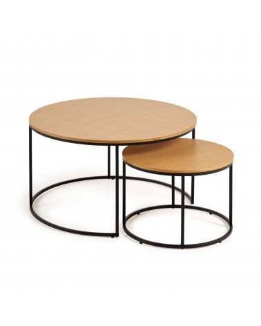Yoana set of 2 nesting side tables with oak wood veneer & black metal, Ă 80 cm / Ă 50 cm