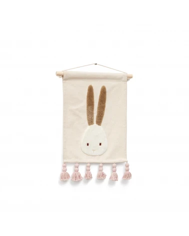 Yanil white cotton rabbit wall hanging with pink tassels, 40 x 30 cm