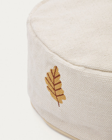 Yanil 100% white cotton pouffe with multicolour leaf embroidery, Ă 40 cm