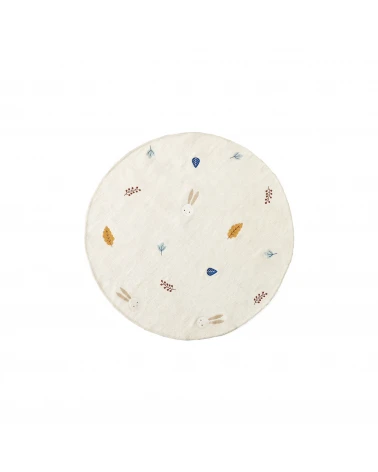 Yanil white wool and cotton round rug with multicoloured leaf embroidery, Ă 120 cm