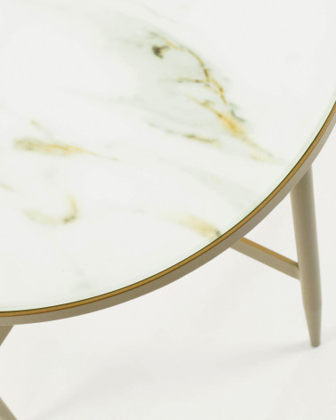 Elisenda glass side table in white with golden steel structure Ă 50 cm