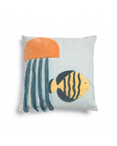 Cordelia 100% blue cotton cushion cover with multicolour marine animals, 45 x 45 cm