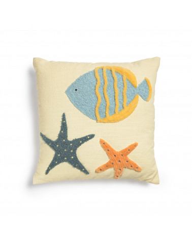 Cordelia 100% beige cotton cushion cover with multicolour marine animals, 45 x 45 cm
