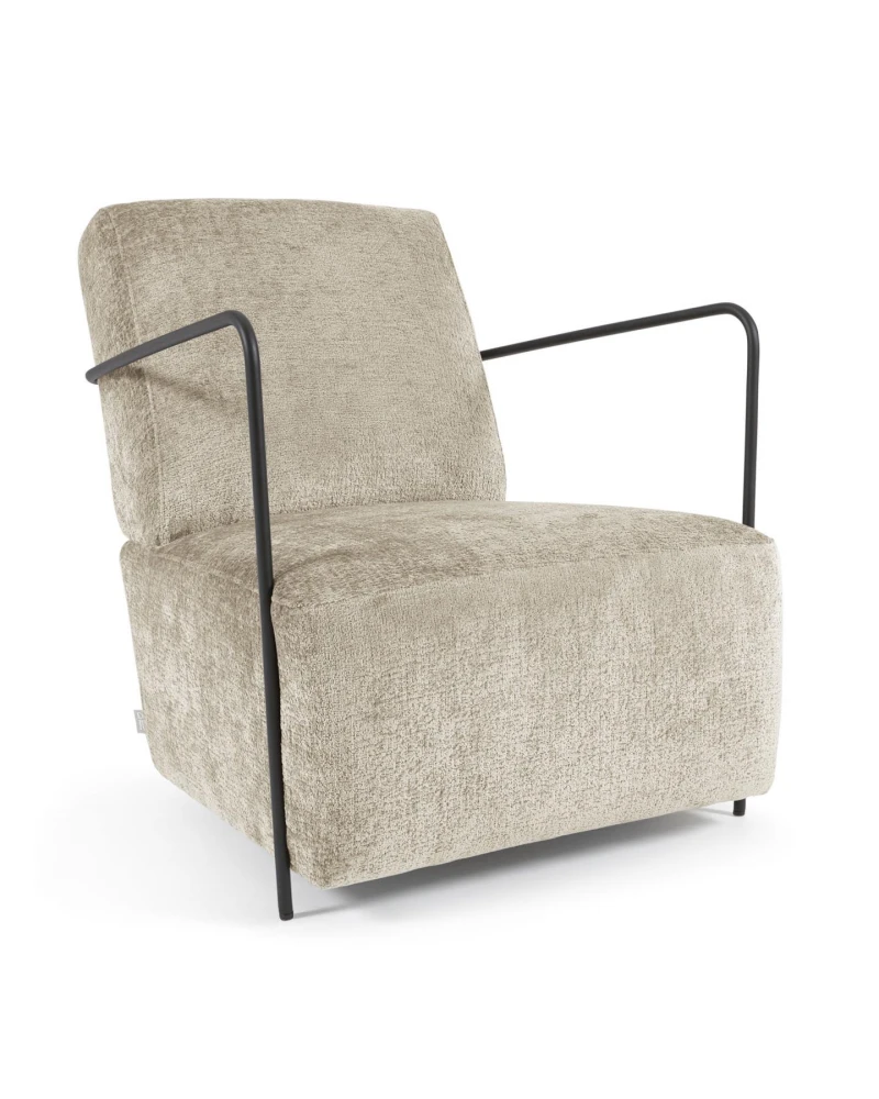 Gamer armchair in beige chenille and metal with black finish