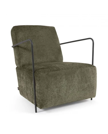 Gamer armchair in green chenille and metal with black finish
